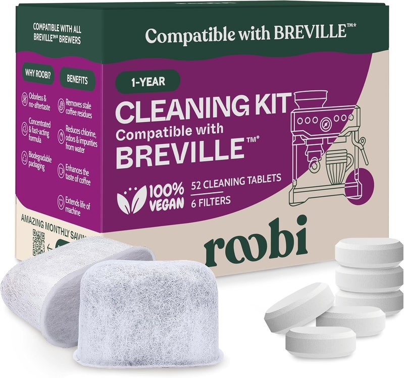 Roobi Breville Compatible Espresso Machine Cleaning & Maintenance Kit. Includes 52 Breville Cleaning Tablets and 6 Water Filters. Carbon Neutral. 1 Year Supply. - Image 1